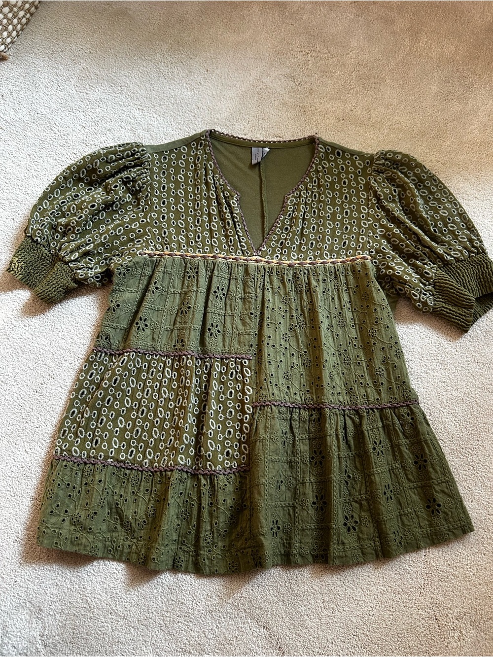 Anthropologie Olive Green Patchwork Eyelet Peasant Blouse SP
